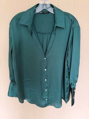 Zara Dark Teal Satin Button-Up Blouse